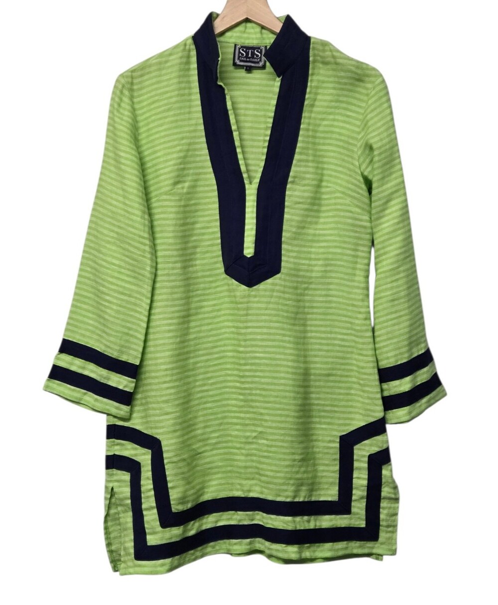 Sail to Sable Striped Linen Tunic Dress Womens Size XXS Lime Green Navy